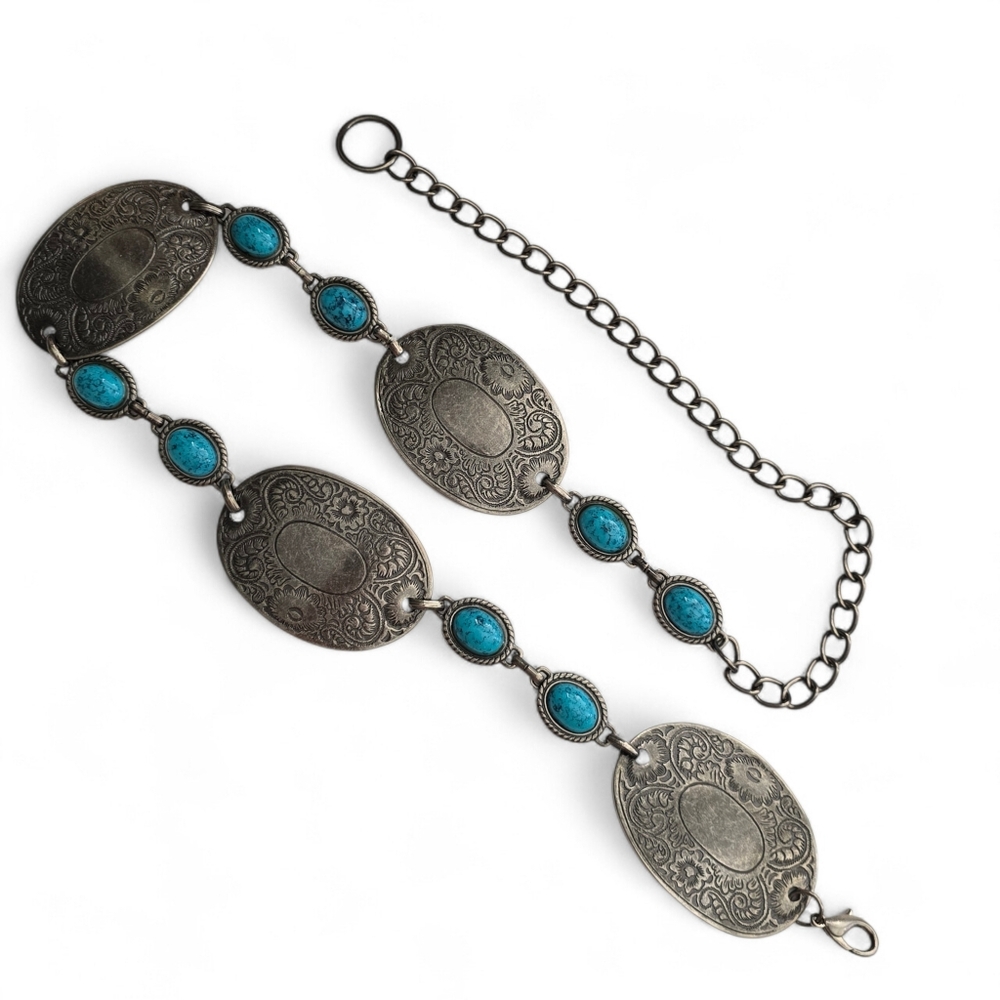 Nine West Antiqued Silver Tone Faux Turquoise Concho Chain Belt 36" Western Boho